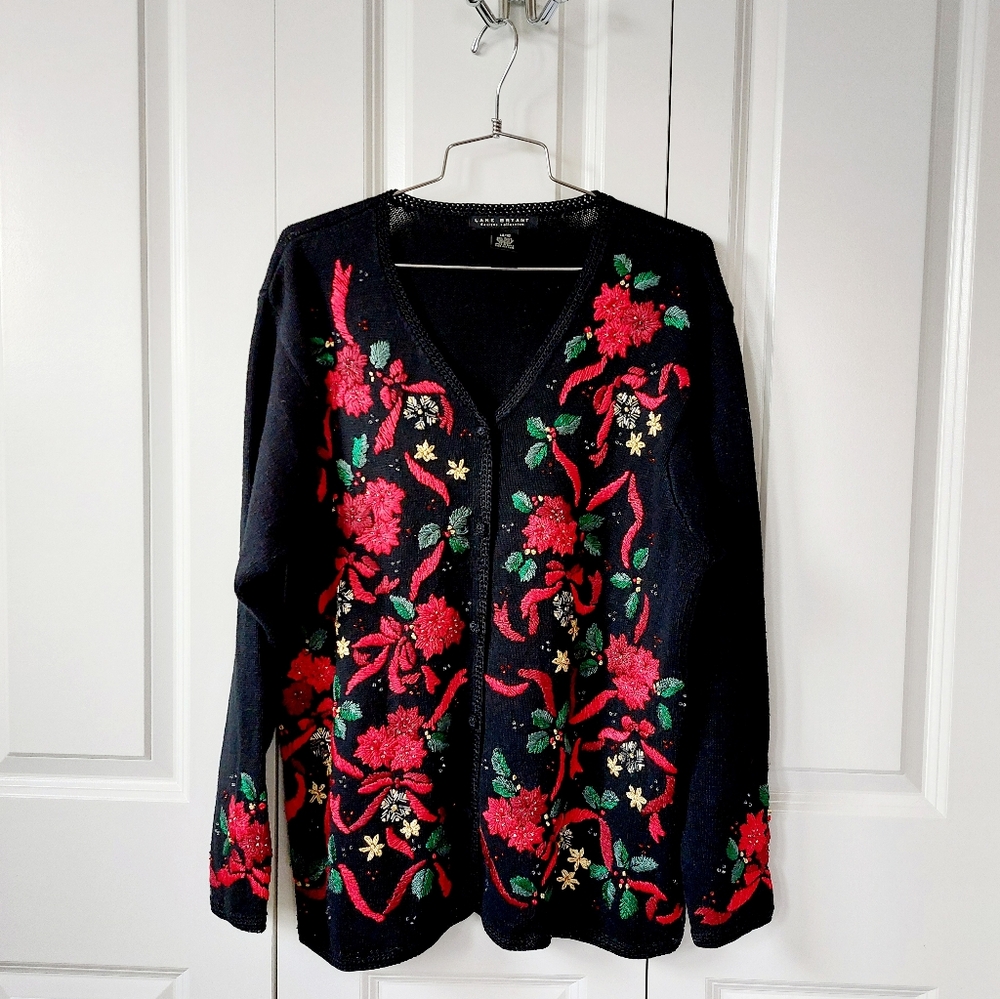 Beaded Poinsettia, Holly & Bows Christmas Black Cardigan Sweater 14/16 Lane Brya